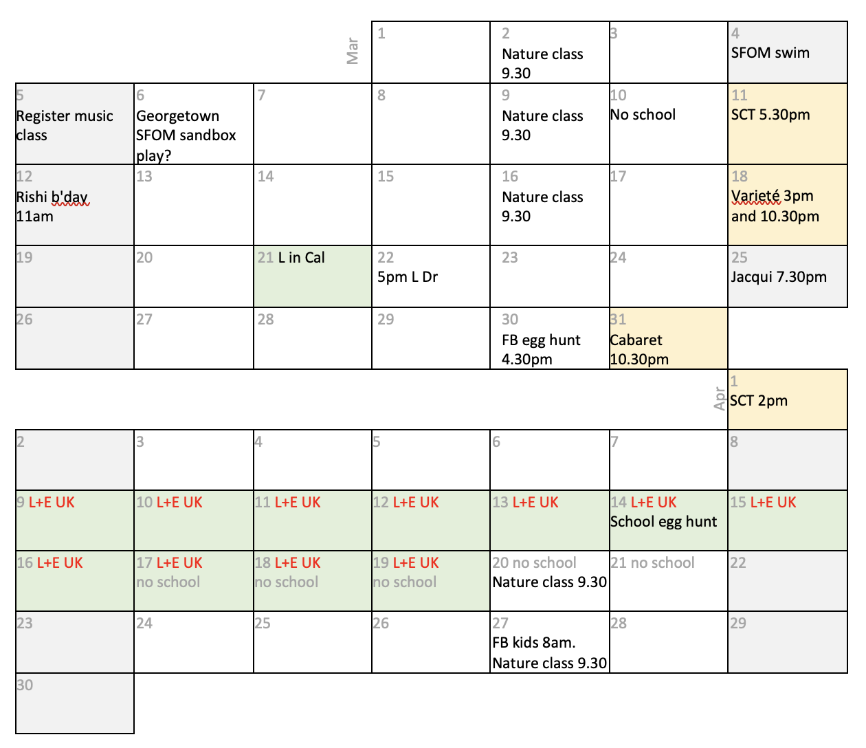 Example filled-in family calendar